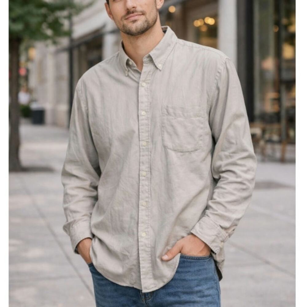 Hathaway Madison Herringbone Button-Up Shirt Men's Size XL Bone Cotton Casual